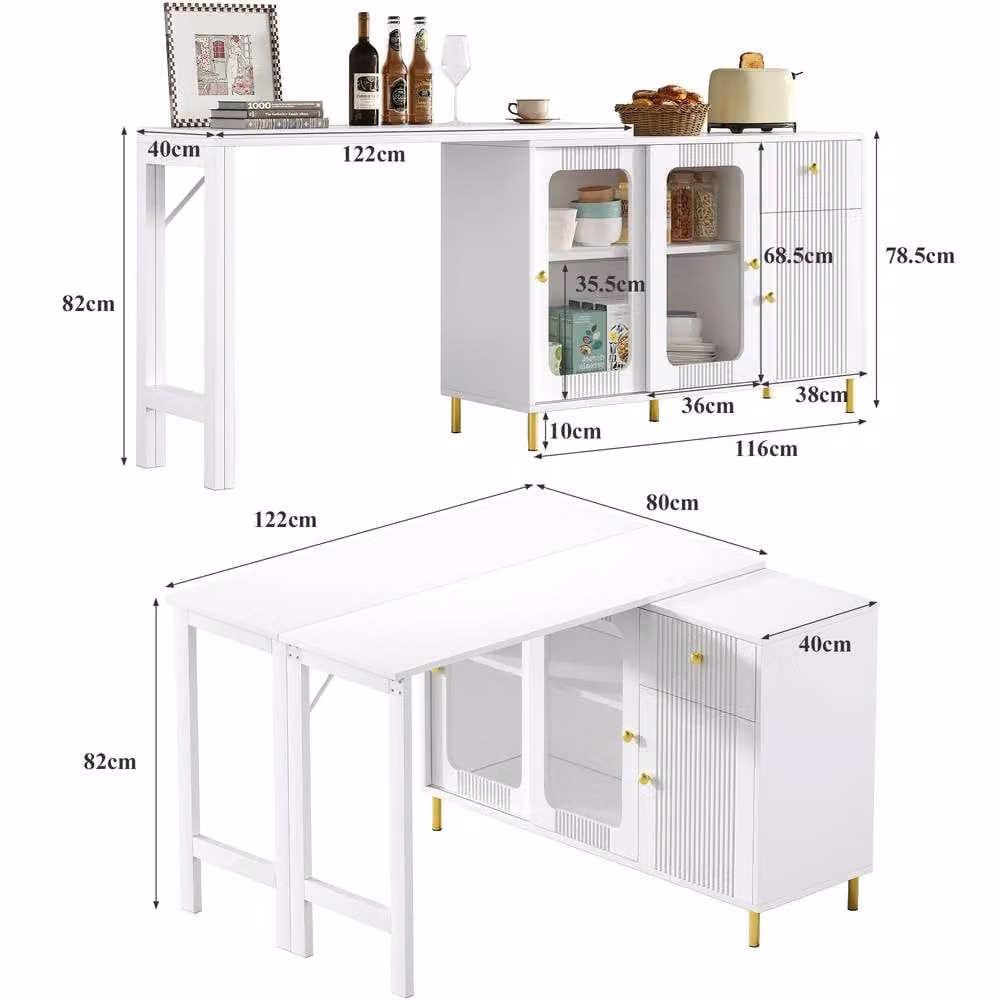 Matteo Modern Multifunctional Extendable Bar and Dining Cabinet in White and Gold, W: 122.0 cm, H: 80.0 cm – 3
