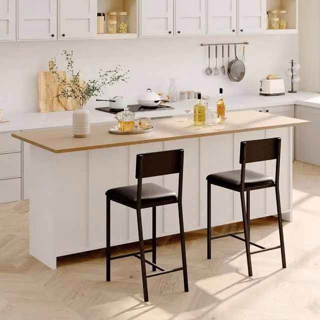 London Boutique Set of 2 Black Synthetic Leather Upholstered Bar Stools with Footrest and Backrest – 1