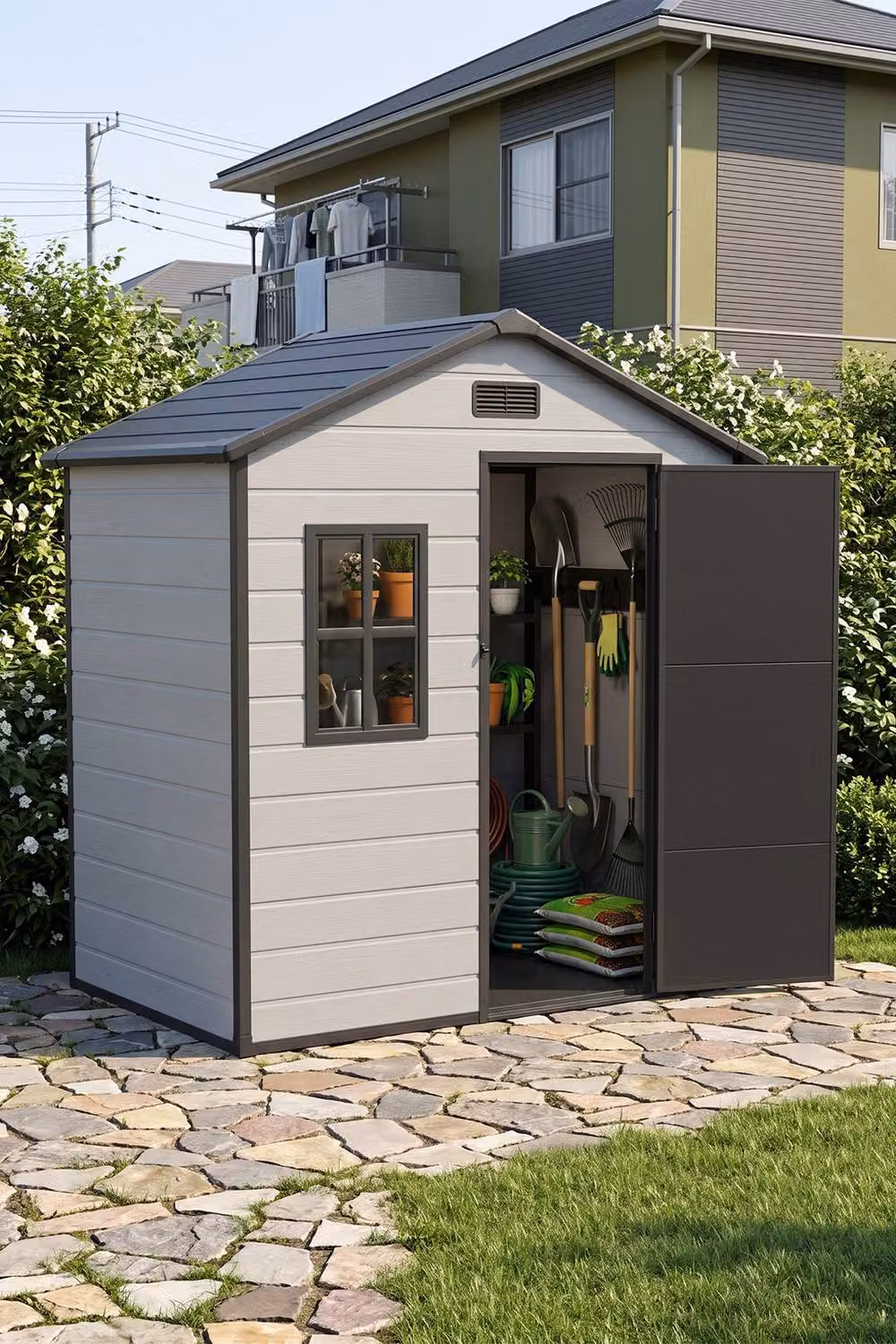 Living and Home Grey Outdoor Aluminum and PP Storage Shed with Double Doors – 2