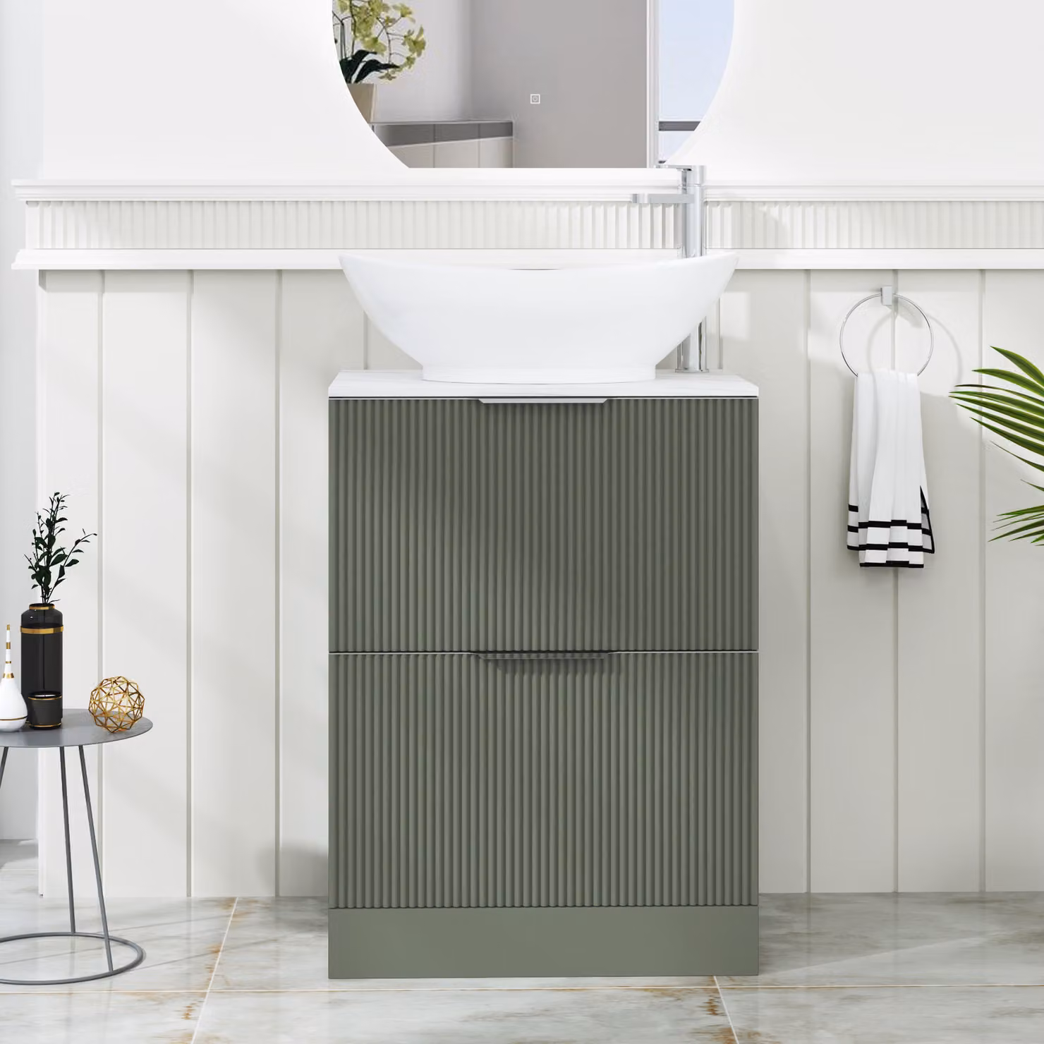 Royal Bathrooms Evora Sage Green Fluted Floor Standing Vanity Unit with Amaze Basin and 2 Drawers