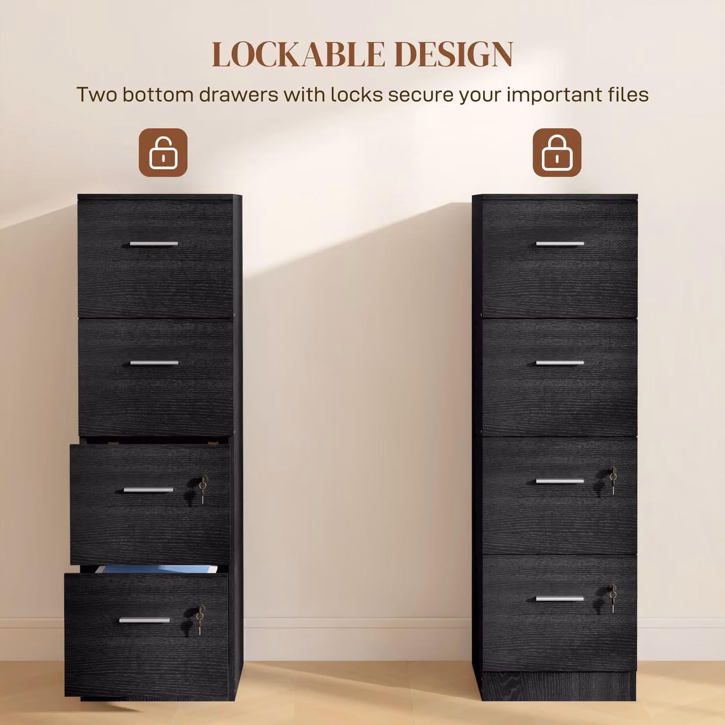 HOMCOM Black Tall Filing Cabinet with 4 Lockable Drawers and Adjustable Hanging Bar for A4 and Letter Size Documents – 4