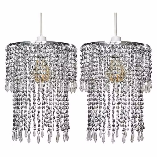 MiniSun Set of 2 Modern Chrome Jewel Bead Effect Pendant Ceiling Light Shades in Silver – 1