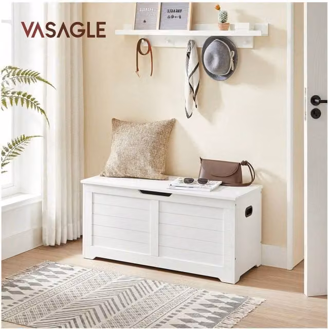 VASAGLE White Scandinavian Shoe Bench and Blanket Box with 2 Safety Hinges, W/D/H: 100 x 40 x 46 cm