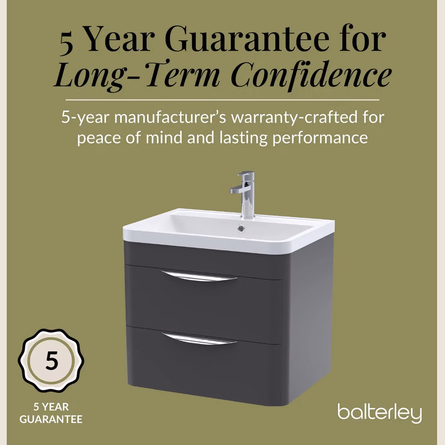 Balterley Wall Hung 2 Drawer Bathroom Vanity Unit with Ceramic Basin, Grey – 3