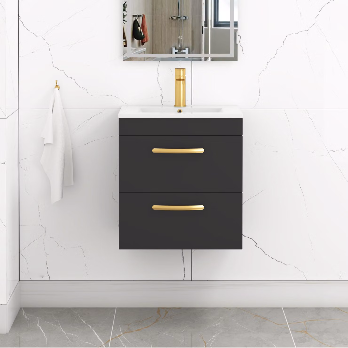 Royal Bathrooms Turin 500mm Wall Hung Vanity Unit in Matt Black with 2 Drawers and Brushed Brass Handles