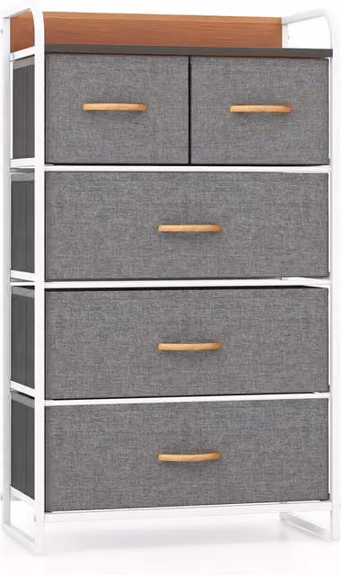 COSTWAY 5-Drawer Fabric Chest of Drawers in Grey