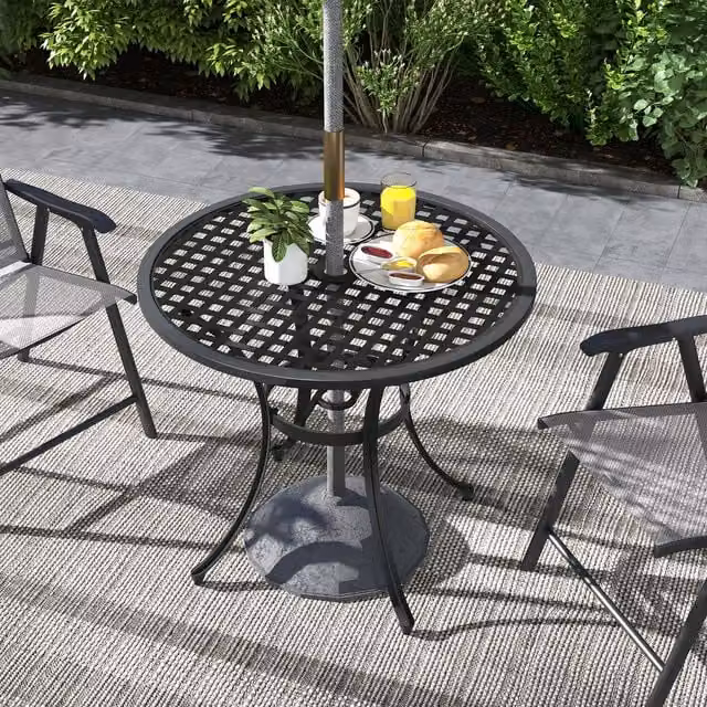 Outsunny Modern Round Metal Garden Table with Umbrella Hole in Black