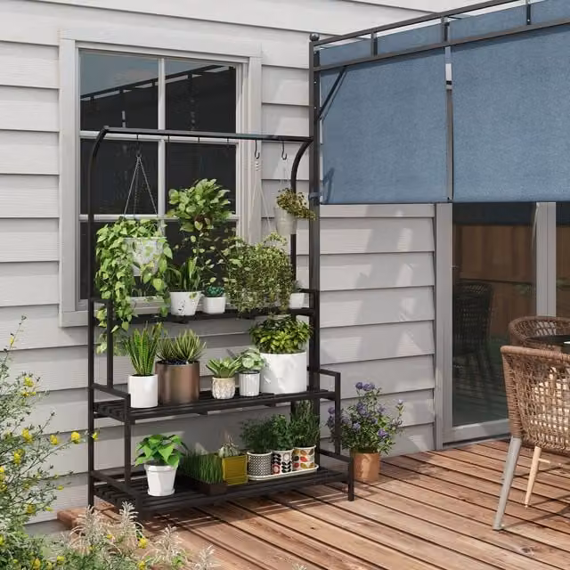 Outsunny 3 Tiered Black Plant Stand with Hanging Hooks for Indoor and Outdoor Use