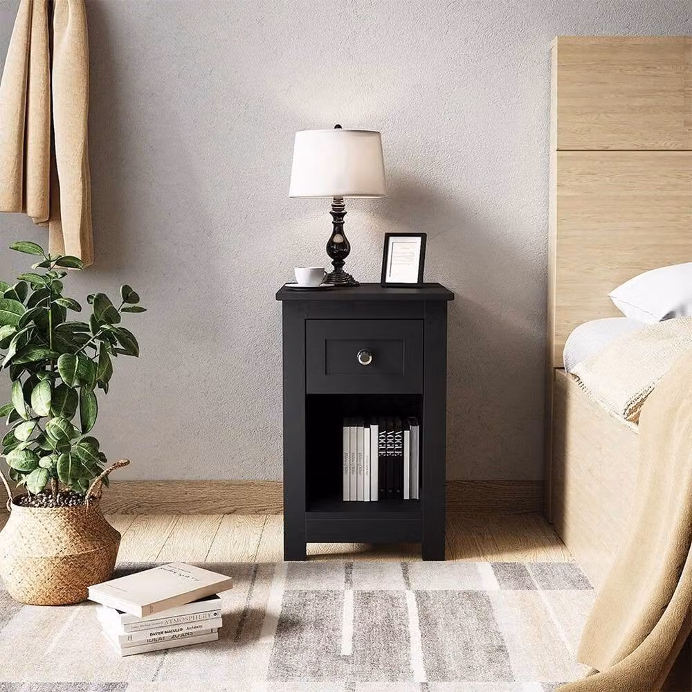 NESTLUNE Black Slim Wood Side Table and Bedside Storage Unit – 2