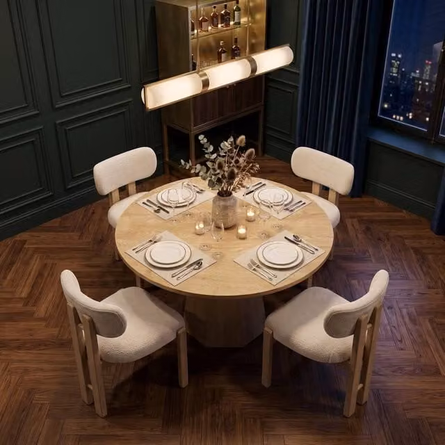 FENCHILIN Rustic Round Dining Table and 4 Boucle Chairs Set in Light Oak