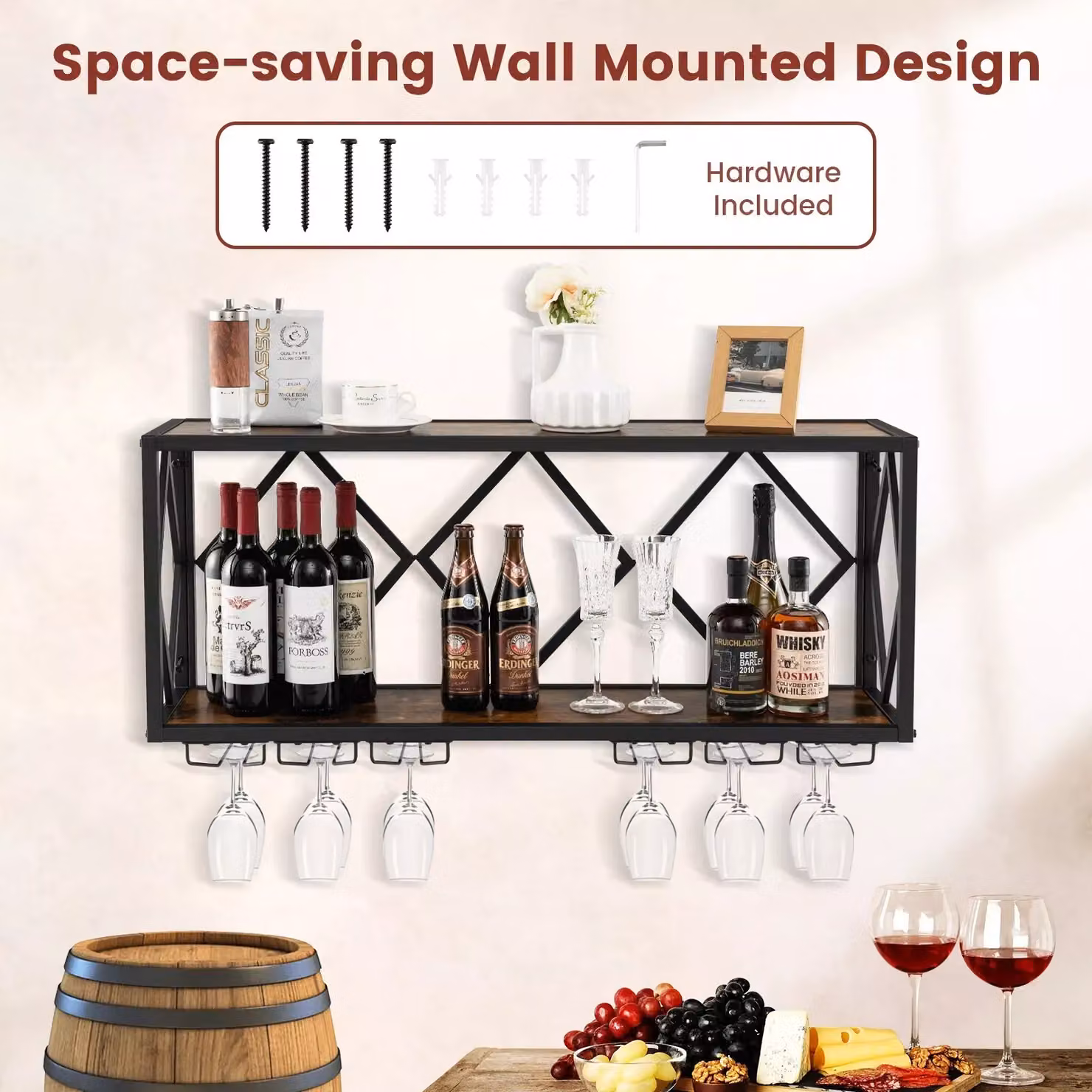 Costway Brown Wall Mounted Wine Rack and Display Shelf with 6-Row Stemware Holder for 39 Bottles – 6