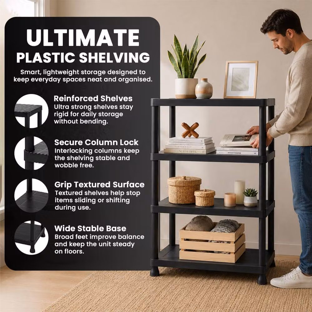 MANTRARAJ 3 Tier Heavy Duty Black Plastic Storage Shelving Unit, H x W x D: 91 x 60 x 30 cm – 7