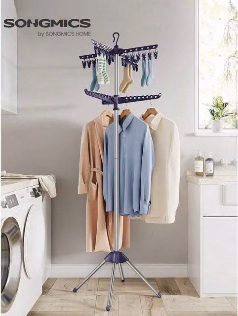 SONGMICS Foldable Stainless Steel Clothes Drying Rack, Blue, W/D/H: 183.0 x 65.0 x 65.0 cm
