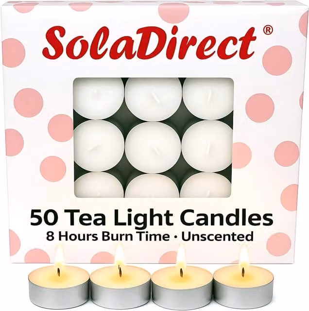 SolaDirect Pack of 50 White Unscented Smokeless Tealight Candles with 8 Hour Burn Time