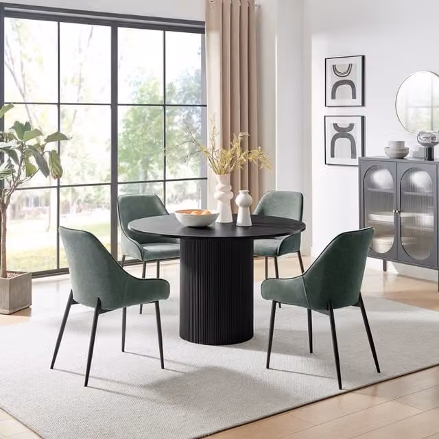 FurnitureboxUK Penrose Black Round Dining Table and 4 Beaumont Green Chairs, Diameter: 120 cm