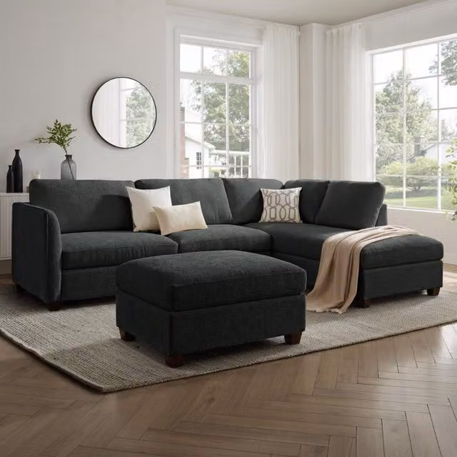 Ben Right-Hand Corner Sofa with Matching Ottoman in Grey Chenille Fabric