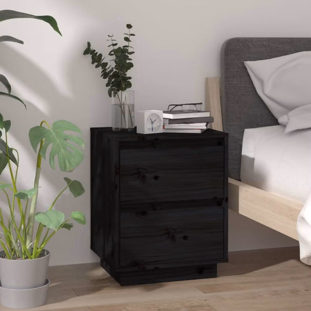 Berkfield Home Set of 2 Black Solid Wood Pine Bedside Cabinets, W/D/H: 40 x 35 x 50 cm – 3