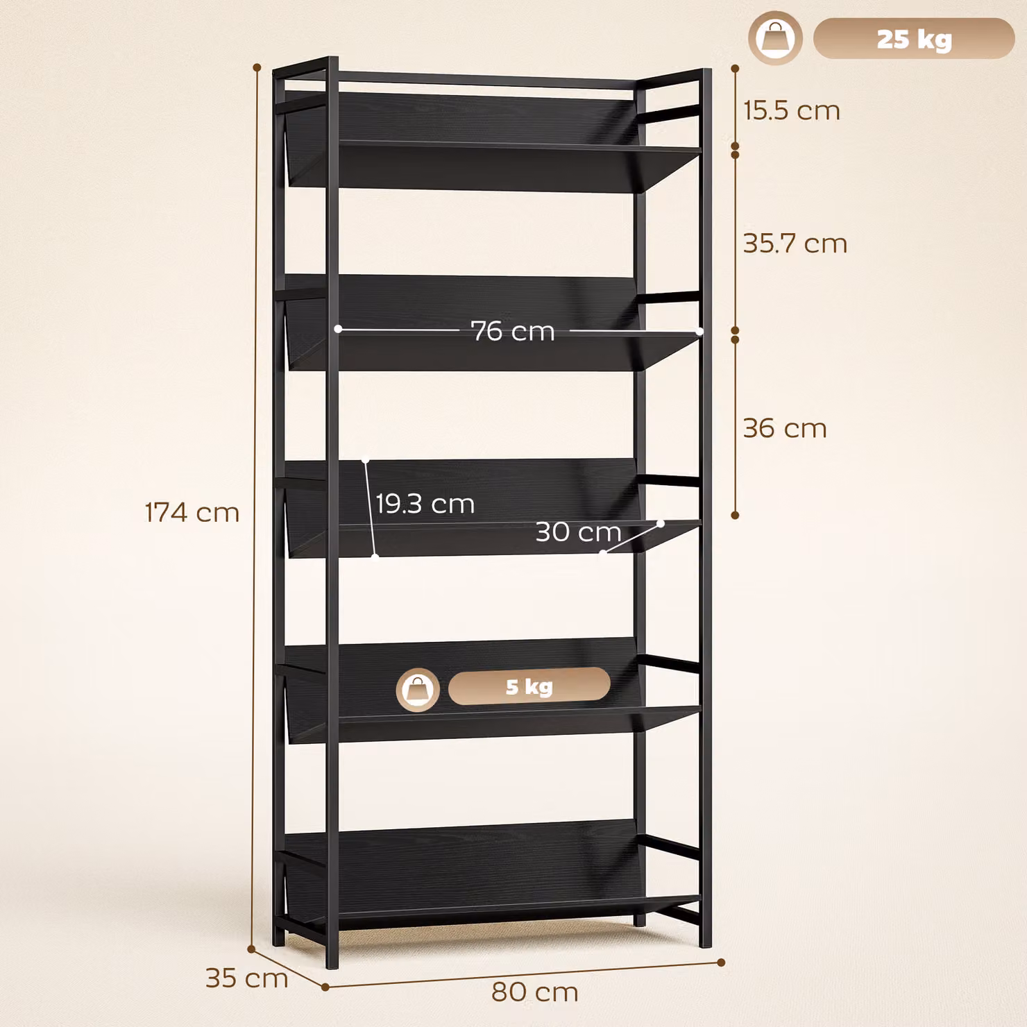 HOMCOM 5-Tier Industrial Metal Frame Bookshelf and Room Divider in Black – 3