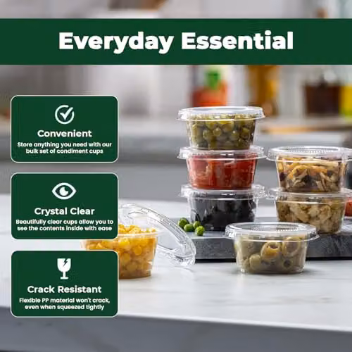 ECONX 100 Pack Reusable Plastic Portion Pots with Airtight Lids, 2oz Transparent Leakproof Sauce and Dip Containers – 4