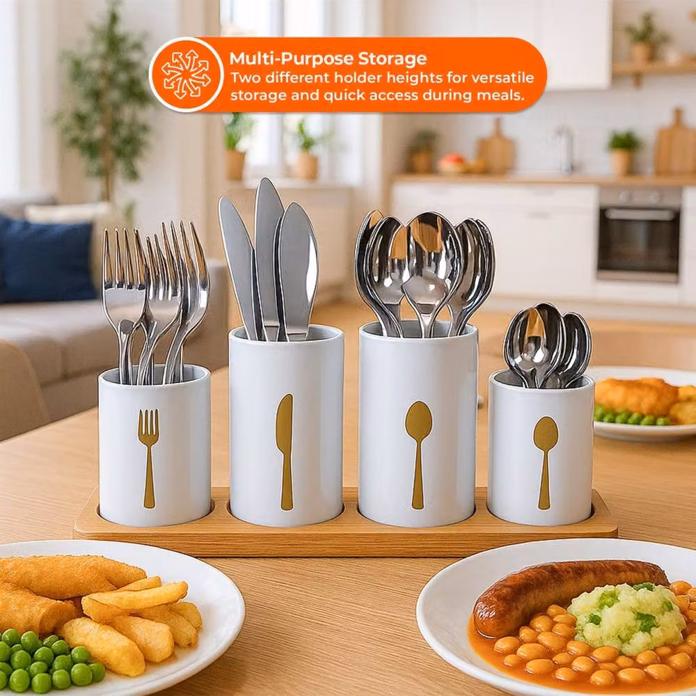 Kelvenix 4-Piece Matt White Ceramic Cutlery Pot Set with Bamboo Stands – 3