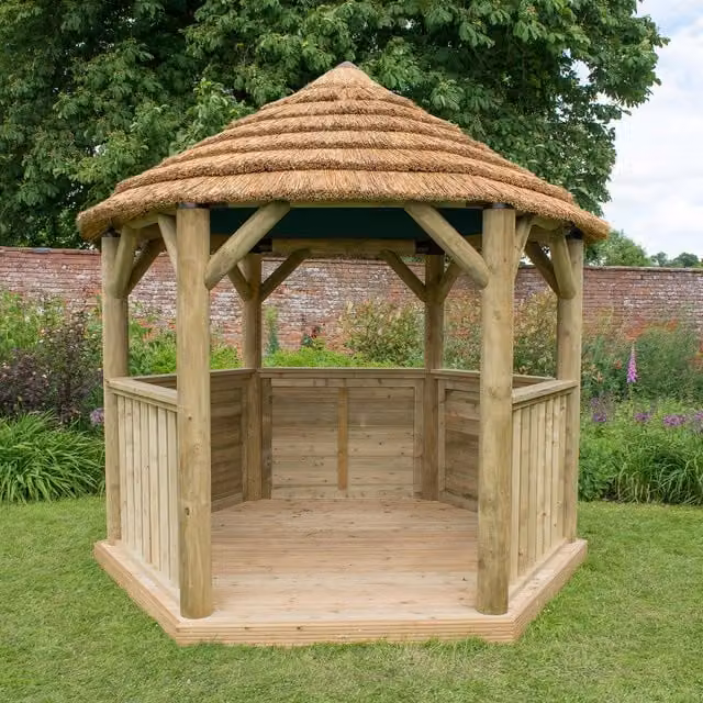 Forest Rustic Thatched Hexagonal Garden Gazebo in Green and Brown, W/D/H: 300 x 300 x 300 cm