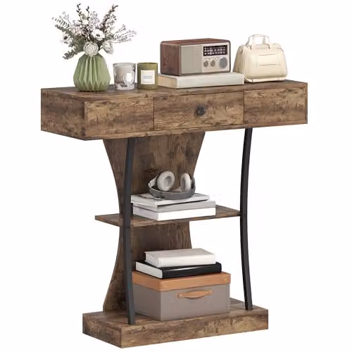 HOMCOM 3-Tier Industrial Console Table with Drawer in Brown and Black, W/D/H: 91 x 32 x 87 cm