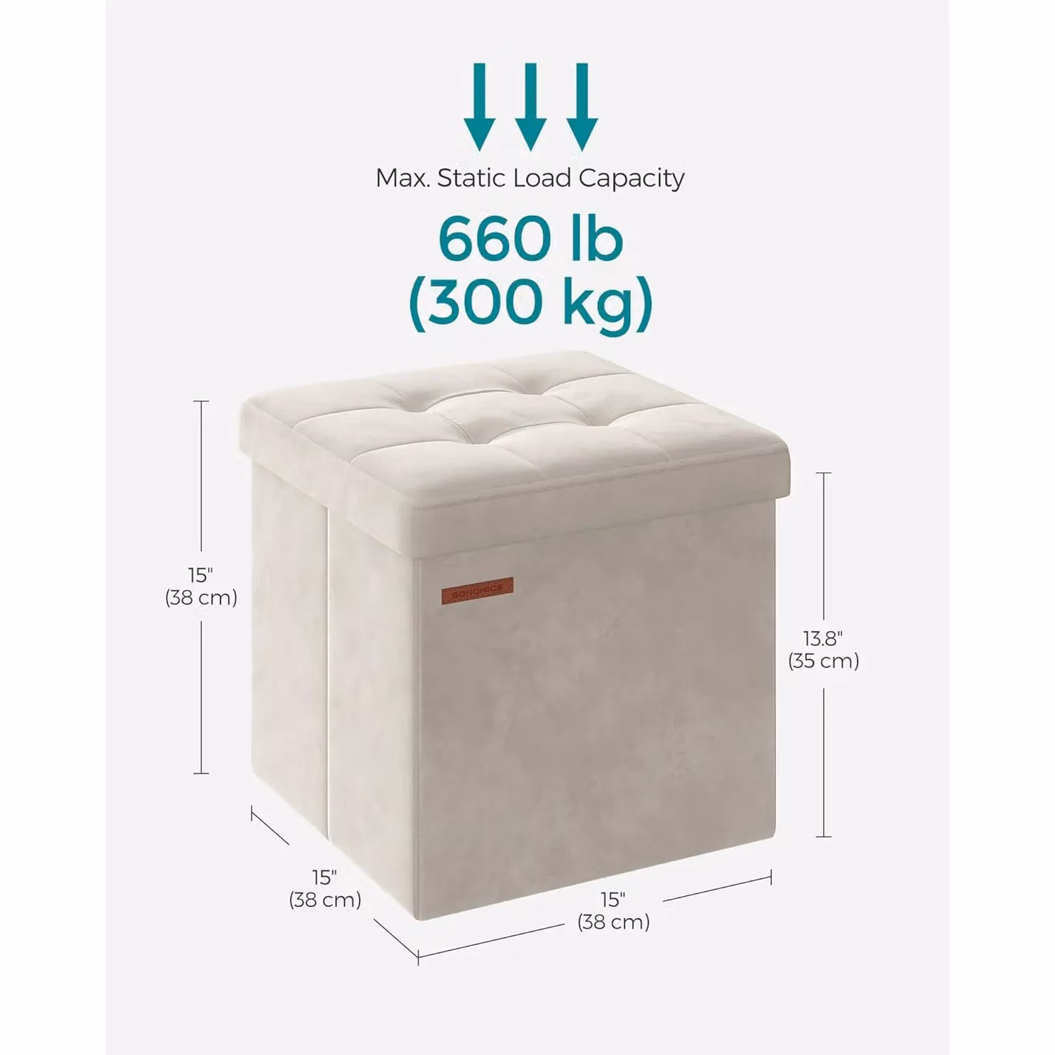 SONGMICS Small Square Foldable Storage Ottoman Foot Rest in Beige Velvet Fabric – 2