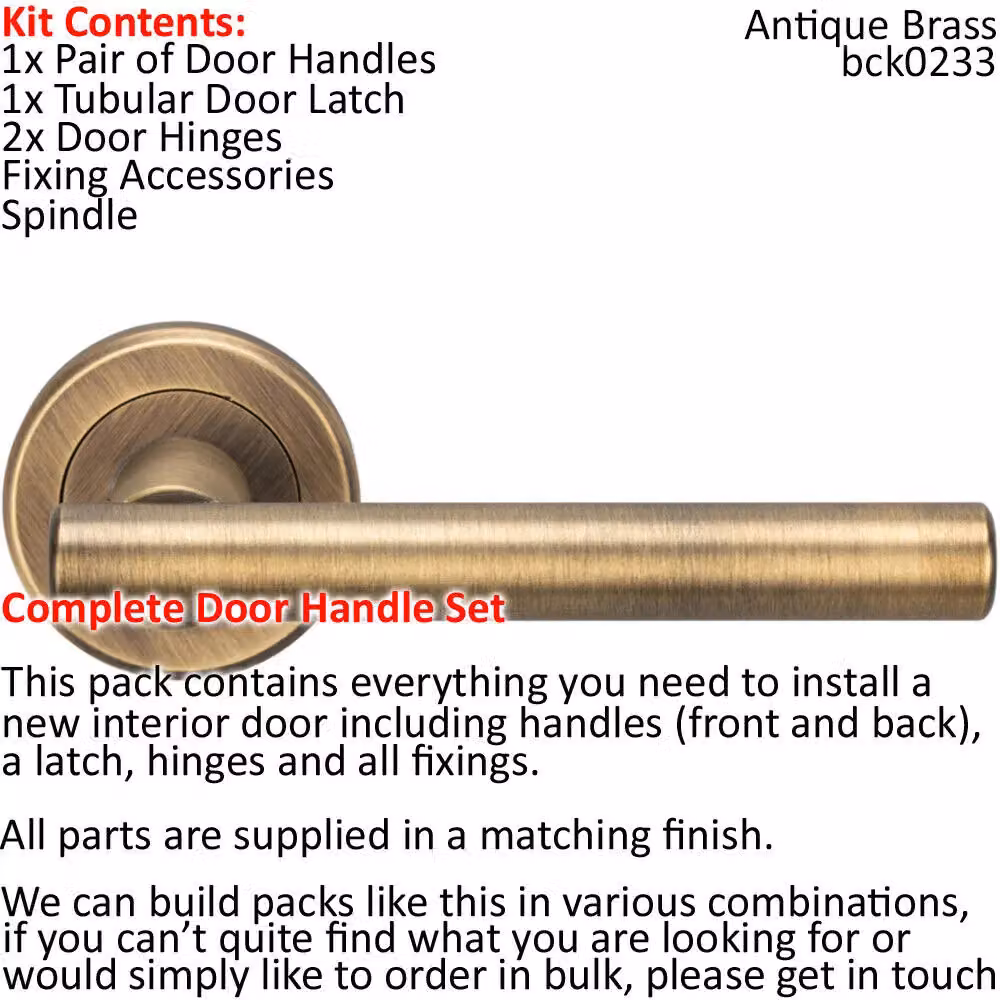 Loops Door Handle and Latch Pack in Antique Brass with Round T Bar Lever and Screwless Round Rose – 2