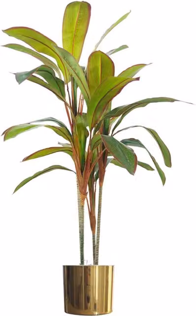 Artificial Potted Dracaena Tropical Plant with Gold Metal Planter in Green and Yellow