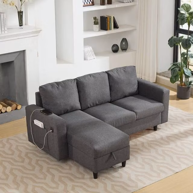 Merax 3-Seater Reversible L-Shape Corner Sofa in Grey with LED Lighting, USB Charging and Pull-Out Drawer, W/D/H: 180 x 120 x 72 cm – 1
