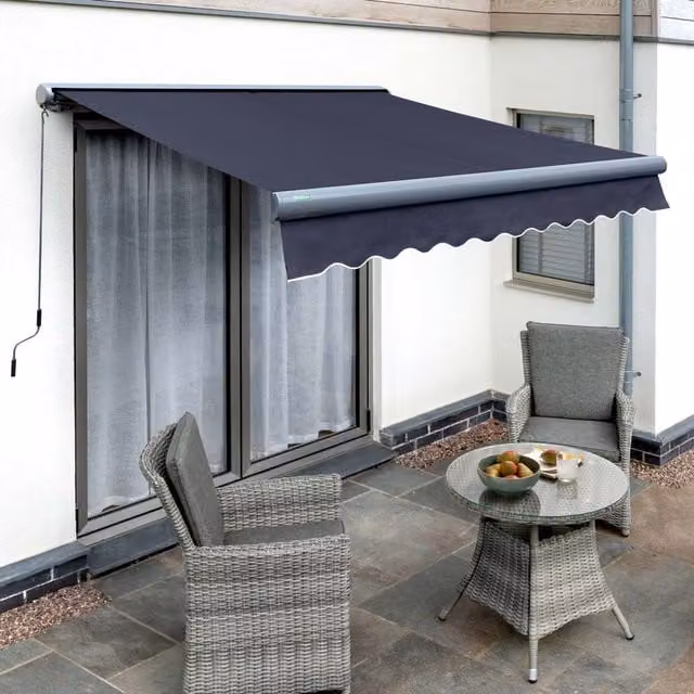 Primrose Electric Patio Awning Garden Canopy with Full Cassette in Anthracite and Blue, W/D/H: 300 x 250 x 3 cm