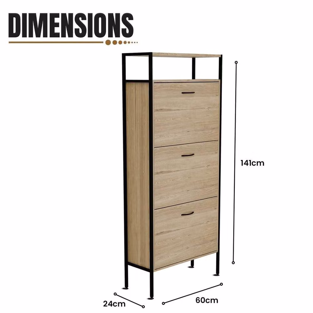 FORGEVIO Industrial 3-Drawer Wooden Shoe Storage Cabinet in Natural Brown and Beige – 2