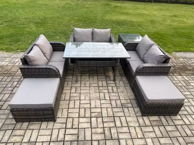 Fimous Outdoor Rattan Garden Furniture Lounge Sofa Set with Oblong Rectangular Dining Table and 2 Footstools in Dark Grey