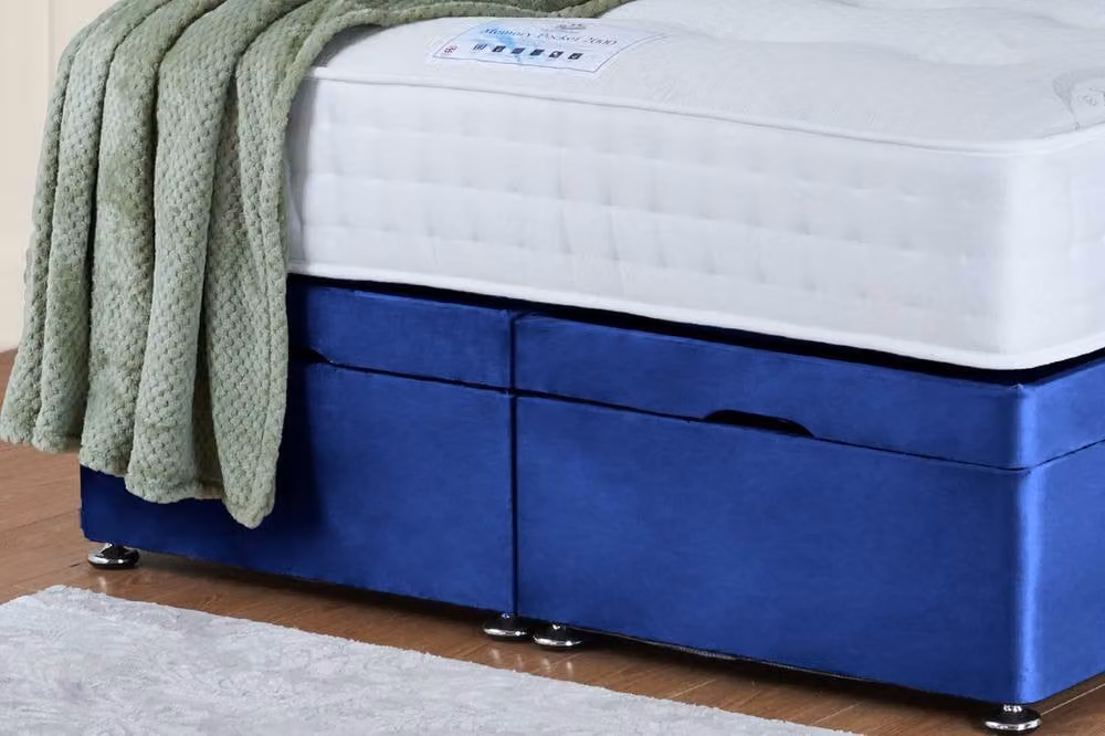 UK Bed Furniture Sunrise End Lift Divan Ottoman Bed with 54 Inch Headboard in Blue Velvet, Size: 200 x 200 cm – 4