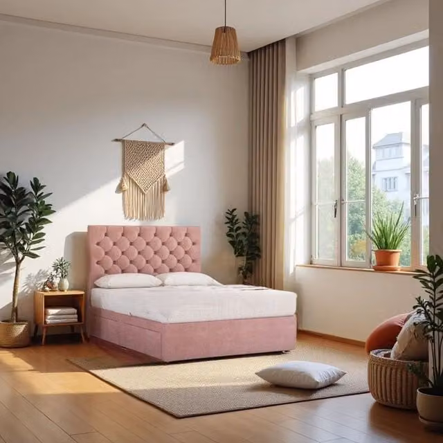 Knight Sleep Athens Plush Bed Set in Pink with Hybrid Mattress, 2 Drawers and 24 inch Headboard, W/D/H: 90 x 190 x 61 cm