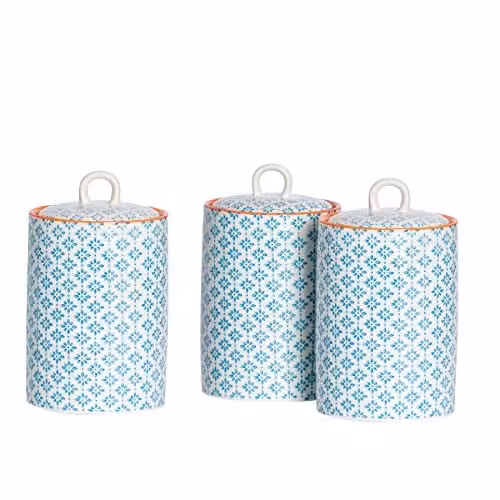Nicola Spring Floral Patterned Blue Ceramic Kitchen Canister Set, Pack of 3, 1 l Each, Airtight Stoneware Storage Jars
