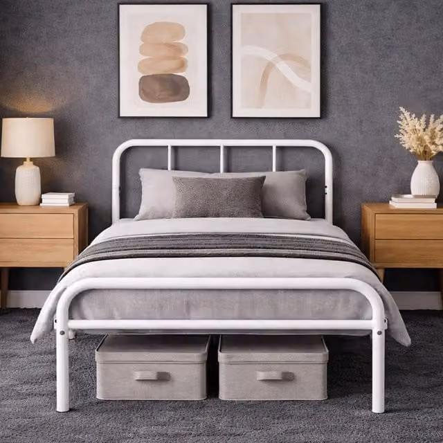 House of Home Extra Strong Single Metal Bed Frame with Rounded Headboard in White, 90 x 190 cm