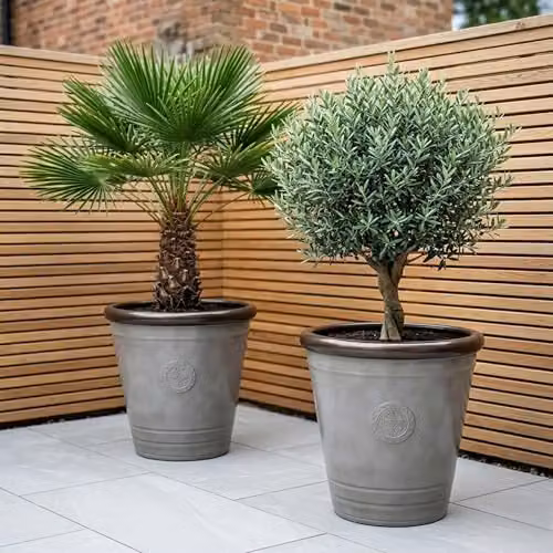 Jack Stonehouse JSH 75L Outdoor Garden Planter, Grey and Gold Sandstone Effect Round Flower Pot with Brass Rim, Diameter: 53 cm – 2