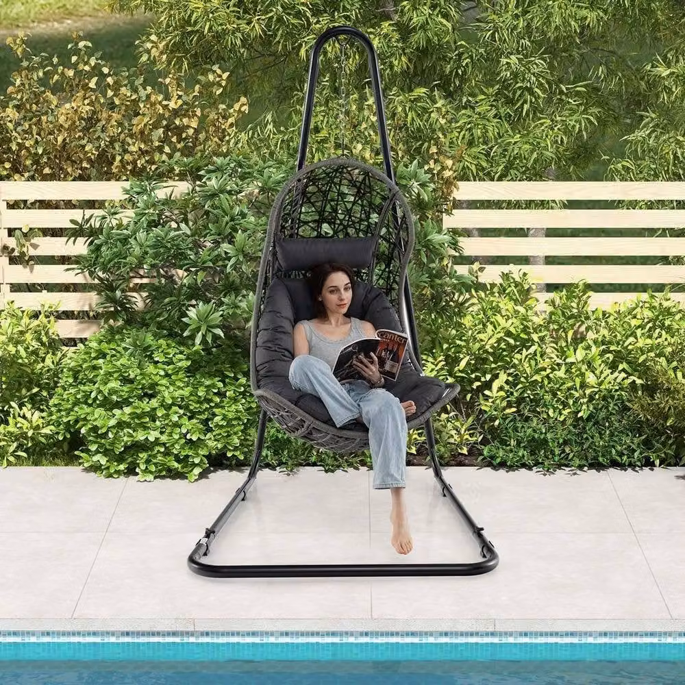 KORVIXA Large Heavy Duty C-stand Hanging Swing Egg Chair in Black with Metal Frame and Fabric Seat – 2