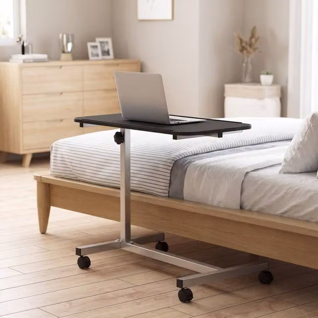 STILVORA Height Adjustable Over Bed Table with Castors in Black