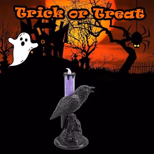 VFM e-Store Flameless Halloween Crow Candle in Orange and Purple, H 20.3 cm x W 20.3 cm x D 10.0 cm – 4