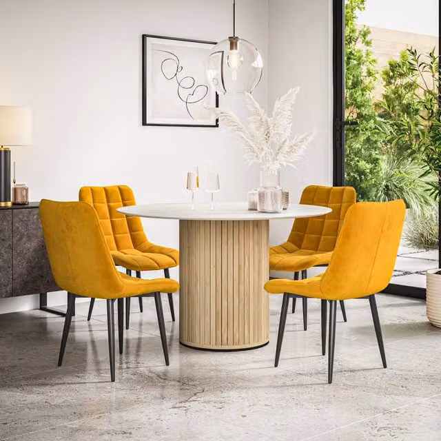 More4Homes Arlo White Marble Round Dining Table with Oak Legs and Mustard Nova Velvet Dining Chairs Set of 6, W: 120 cm, H: 75 cm – 1