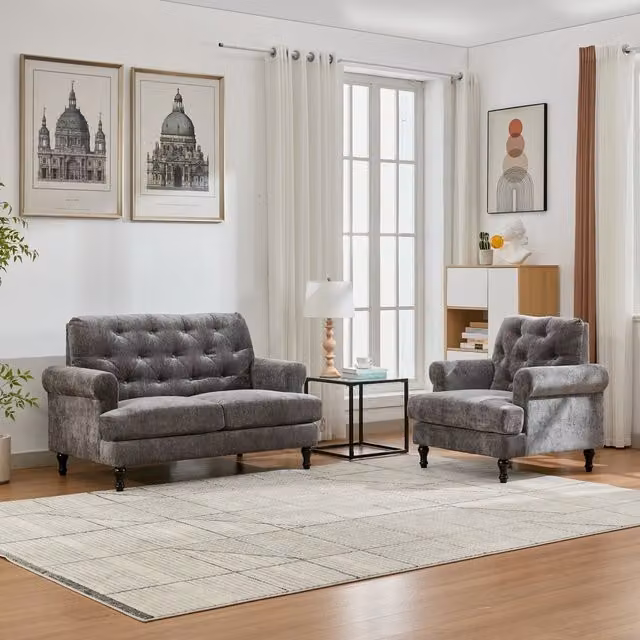Furniture One Mid Century Modern Grey Fabric Upholstered Couch Set