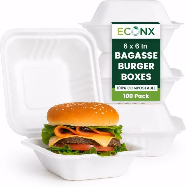 ECONX White Clamshell Bagasse Burger Boxes, 15.24 cm x 15.24 cm, Pack of 100