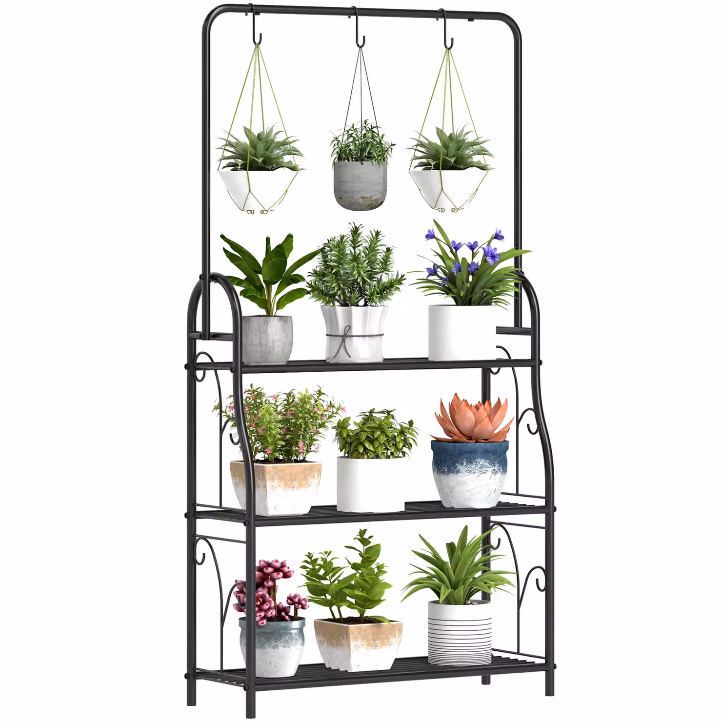OUTSUNNY 3 Tier Metal Plant Stand with Hanging Hooks in Matt Black, H 137.0 cm x W 75.0 cm x D 25.0 cm – 2