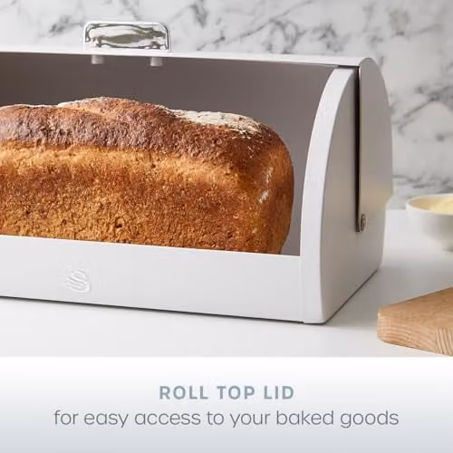 Swan Serenity White Metal Bread Bin with Roll Front Lid and Ventilation, 14L, W: 39.0 cm, D: 27.5 cm, H: 19.0 cm – 2