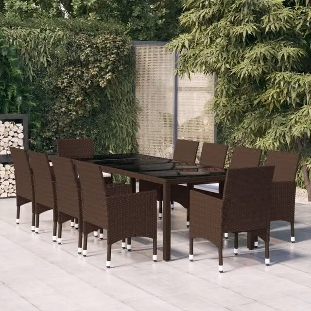 Berkfield Home 11 Piece Brown Poly Rattan and Metal Garden Dining Set with Glass Top – 1