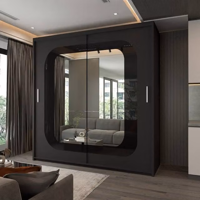 Sliding Wardrobes 4U Modern Double Door Sliding Wardrobe with Integrated LED Light and Mirror in Black, W: 203 cm, H: 217 cm – 1