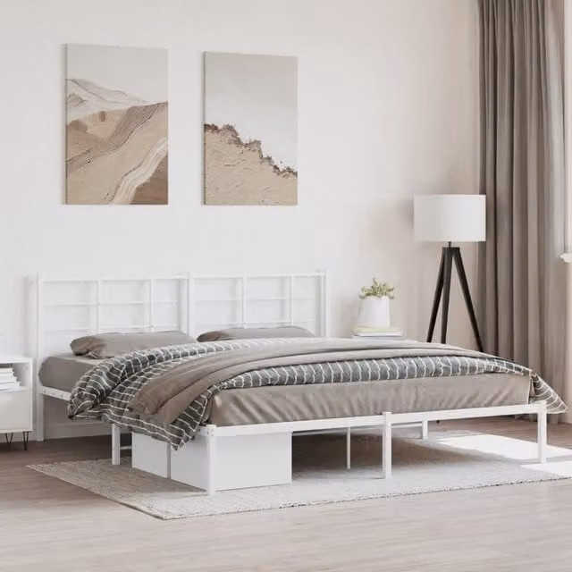 Berkfield Home Metal Bed Frame with Headboard, White, W/D/H: 180 x 200 cm