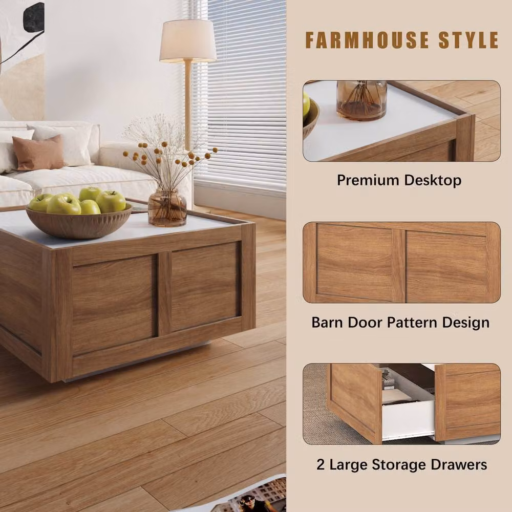 KEEPREAPER Stylish Square Coffee Table with 2 Storage Drawers in Brown – 4